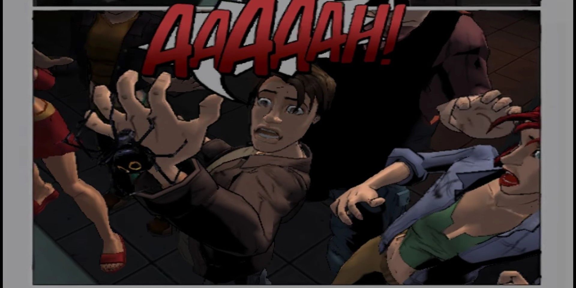 Ultimate spider man cutscene screenshot of peter parker being bitten by spider