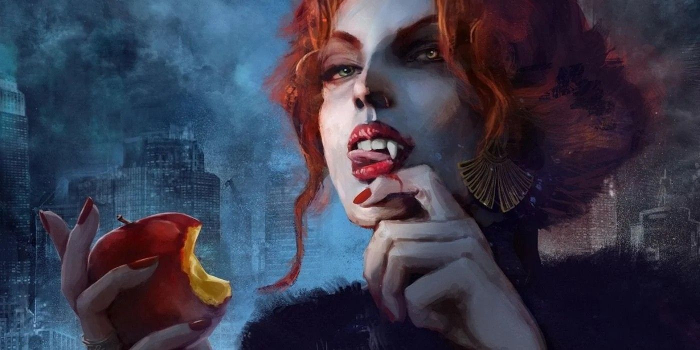 A red-headed woman eats an apple while biting her finger