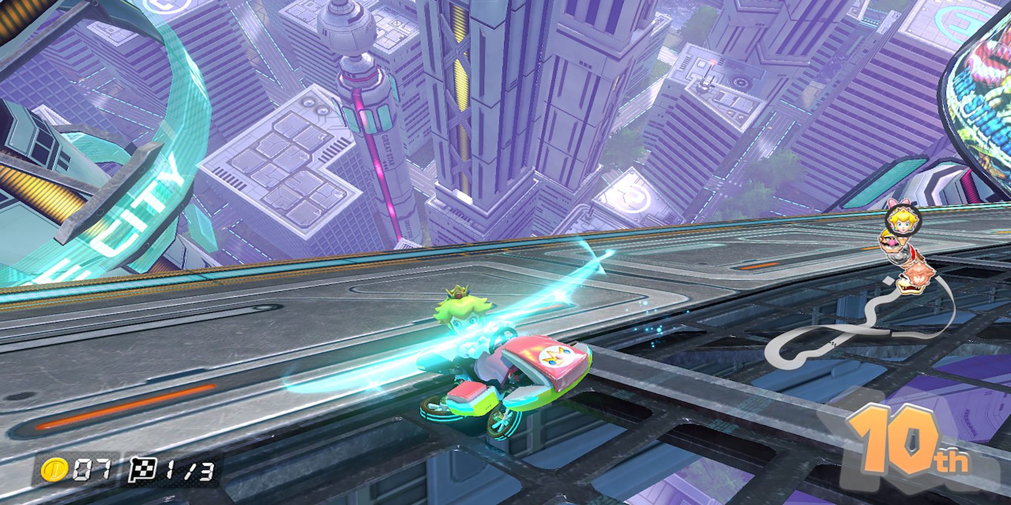Peach spins on a zero-gravity road in Mute City. Mario Kart 8 Deluxe.