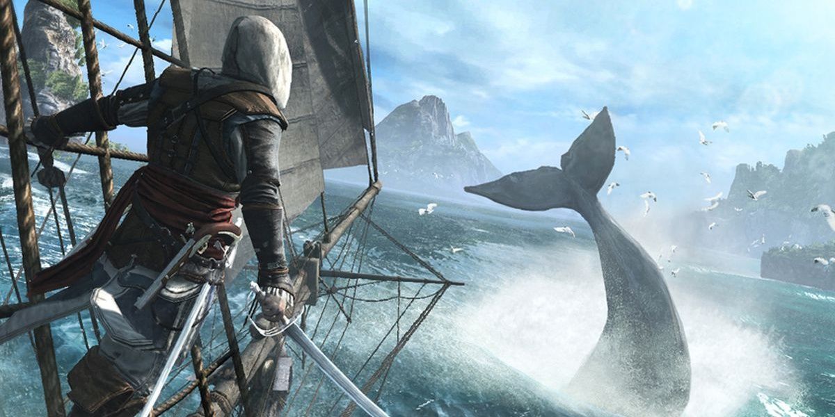 Edward poses before a breaching whale in Assassin's Creed Black Flag