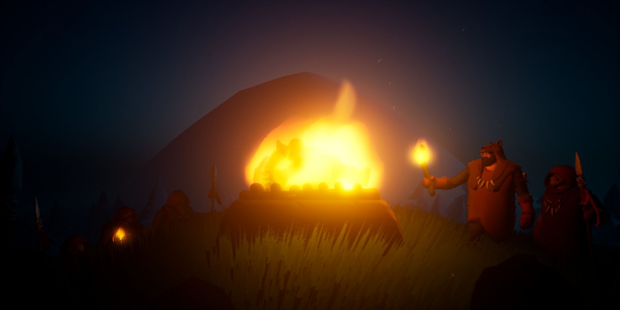 characters lighting a funeral pyre on fire at night