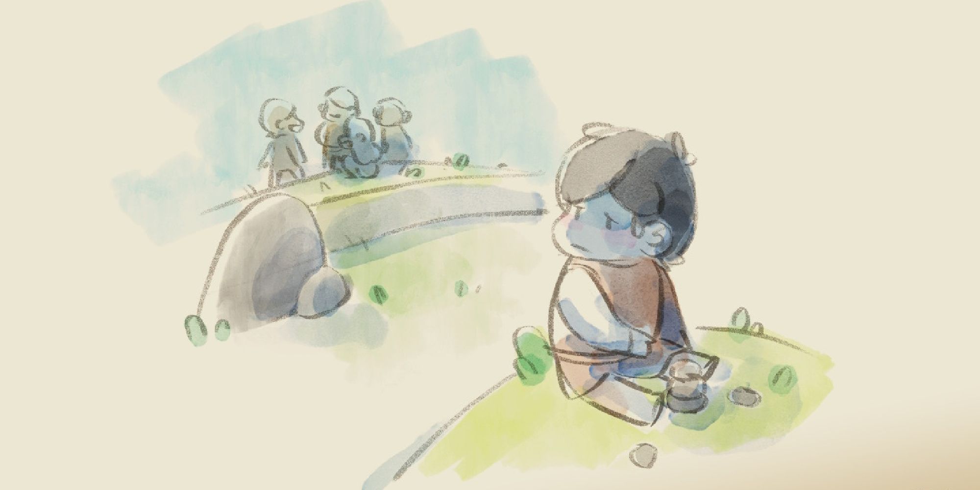 memory drawing with main character separating from other children