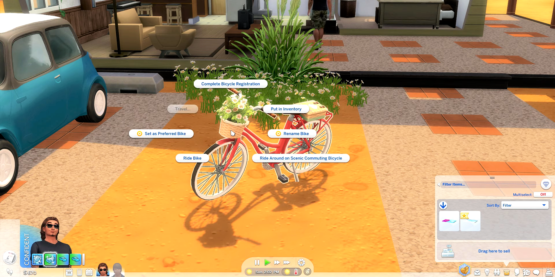 A new pie menu shows new options for bikes, including "Complete Bicycle Registration"