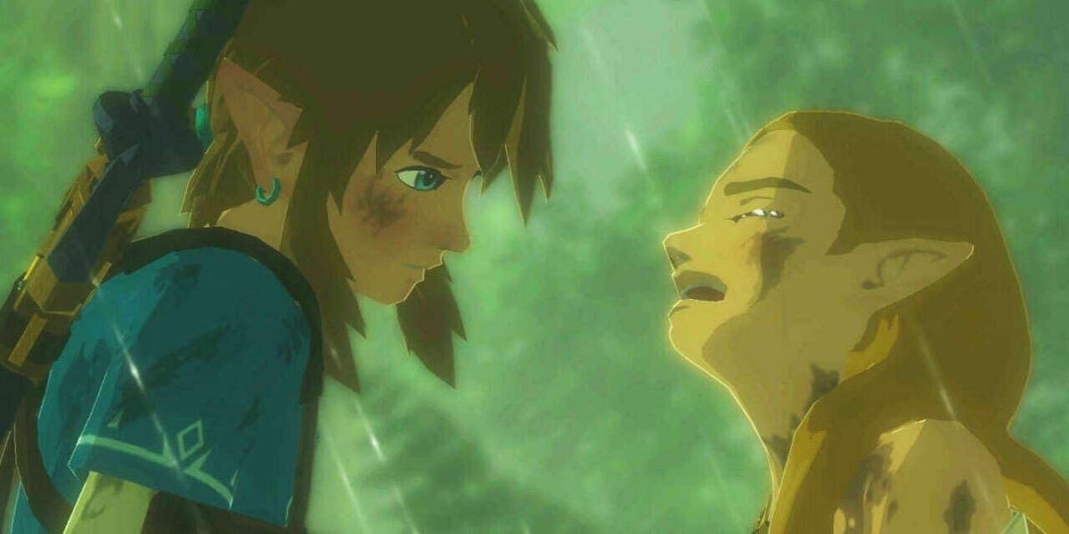 A screenshot showing Link and Zelda in the rain in The Legend of Zelda: Breath of the Wild