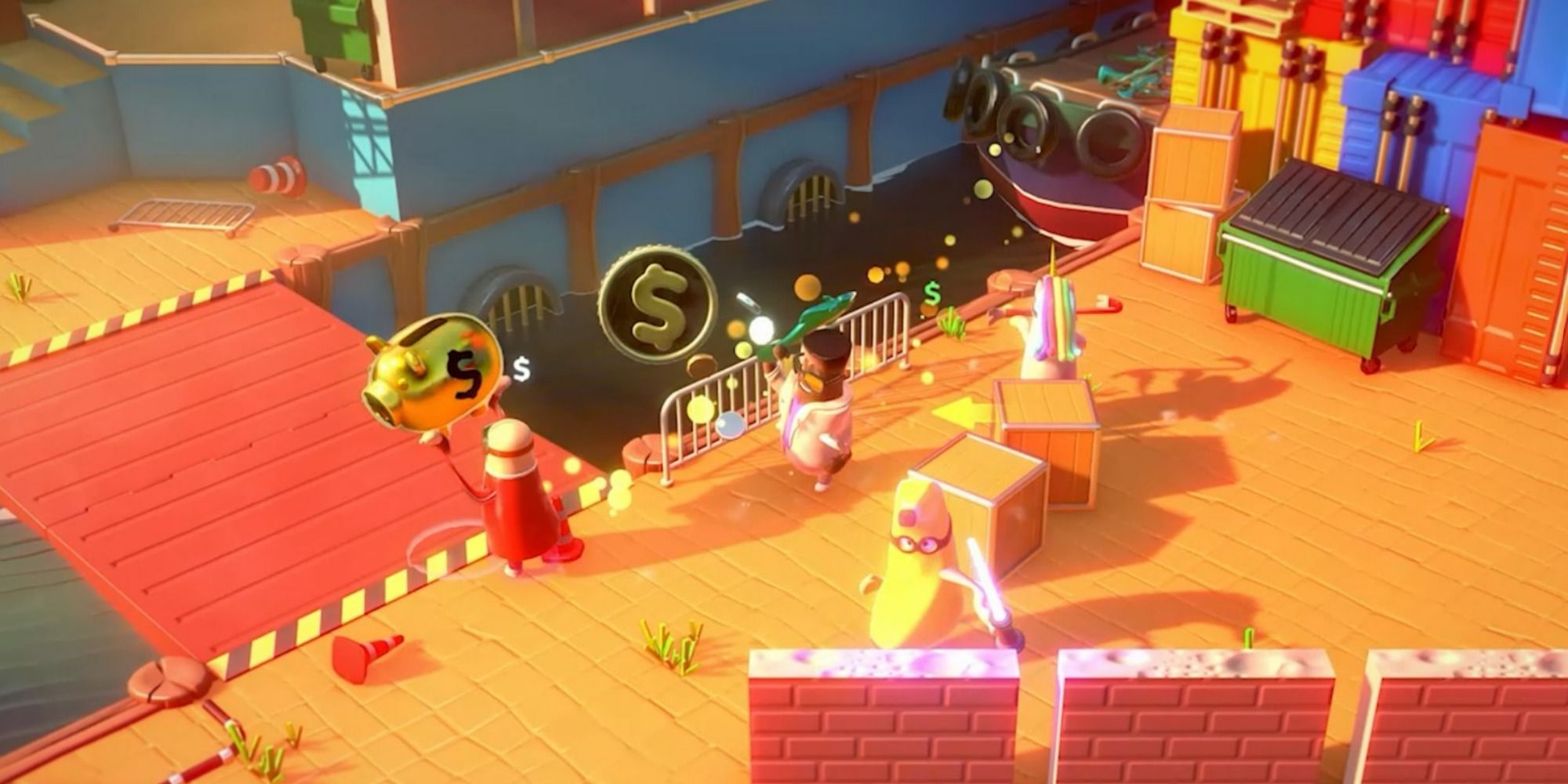 characters chasing after a loot piggy bank in rubber bandits