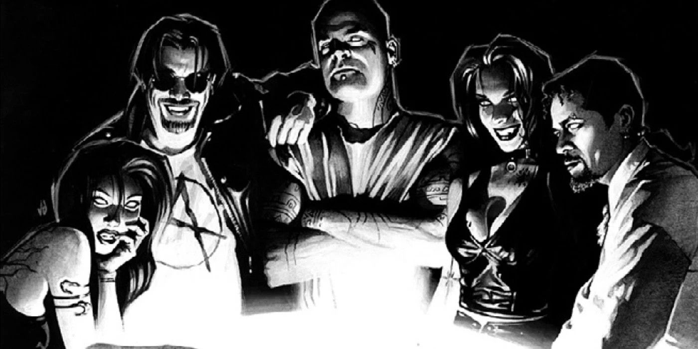 A group of people stand around in black and white