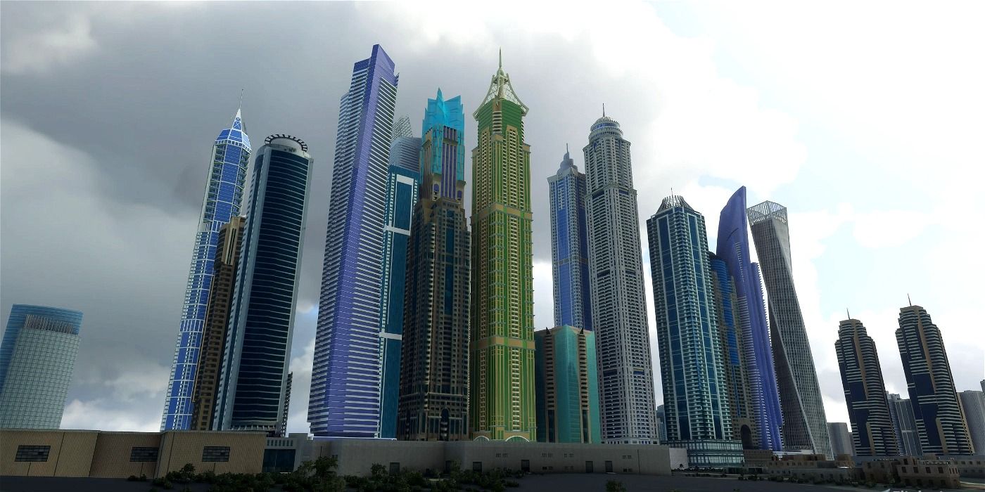 A screenshot showing a cluster of skyscrapers in the city of Dubai in the Dubai City Pack mod for Microsoft Flight Simulator