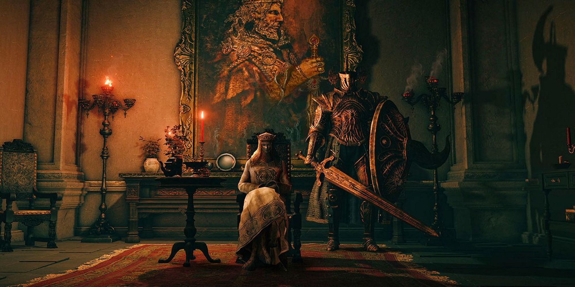 Tanith and her knight sit in Volcano Manor's court