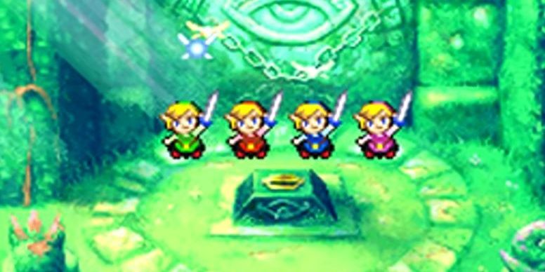 The four Links raising their swords in The Legend of Zelda: Four Swords.