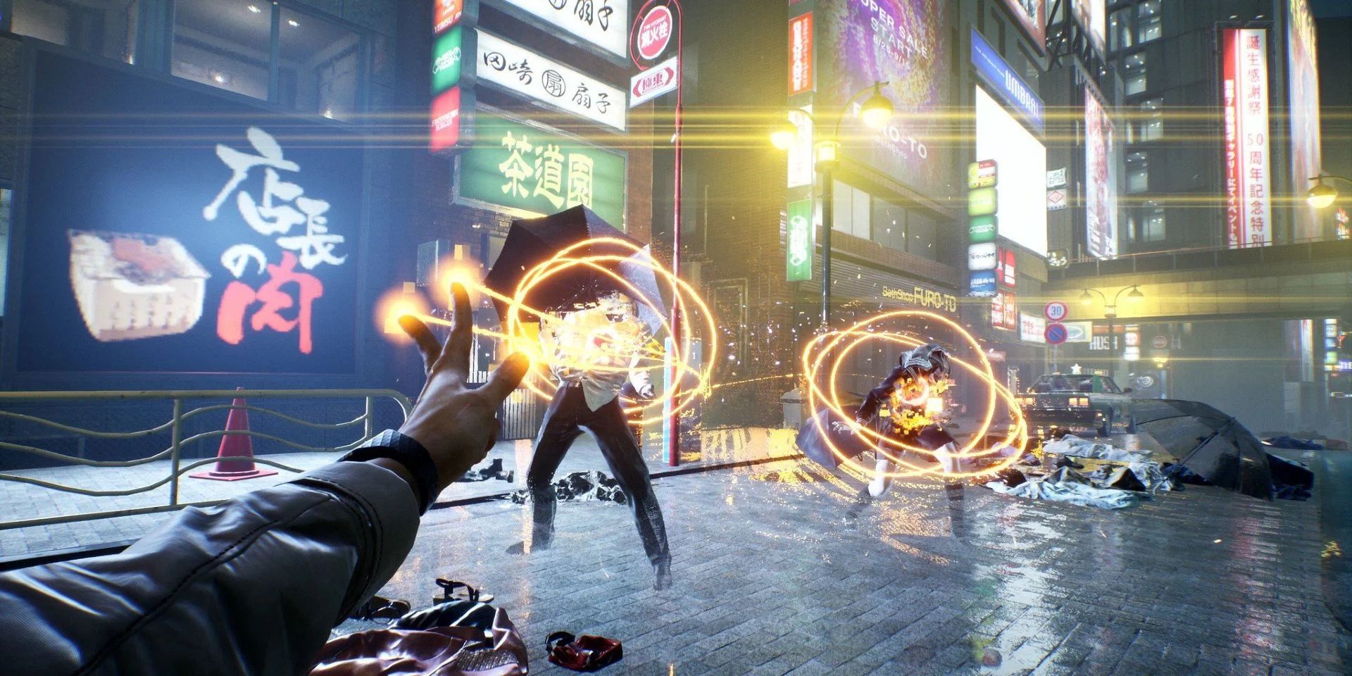 A screenshot showing the player doing some ethereal weaving in Ghostwire: Tokyo