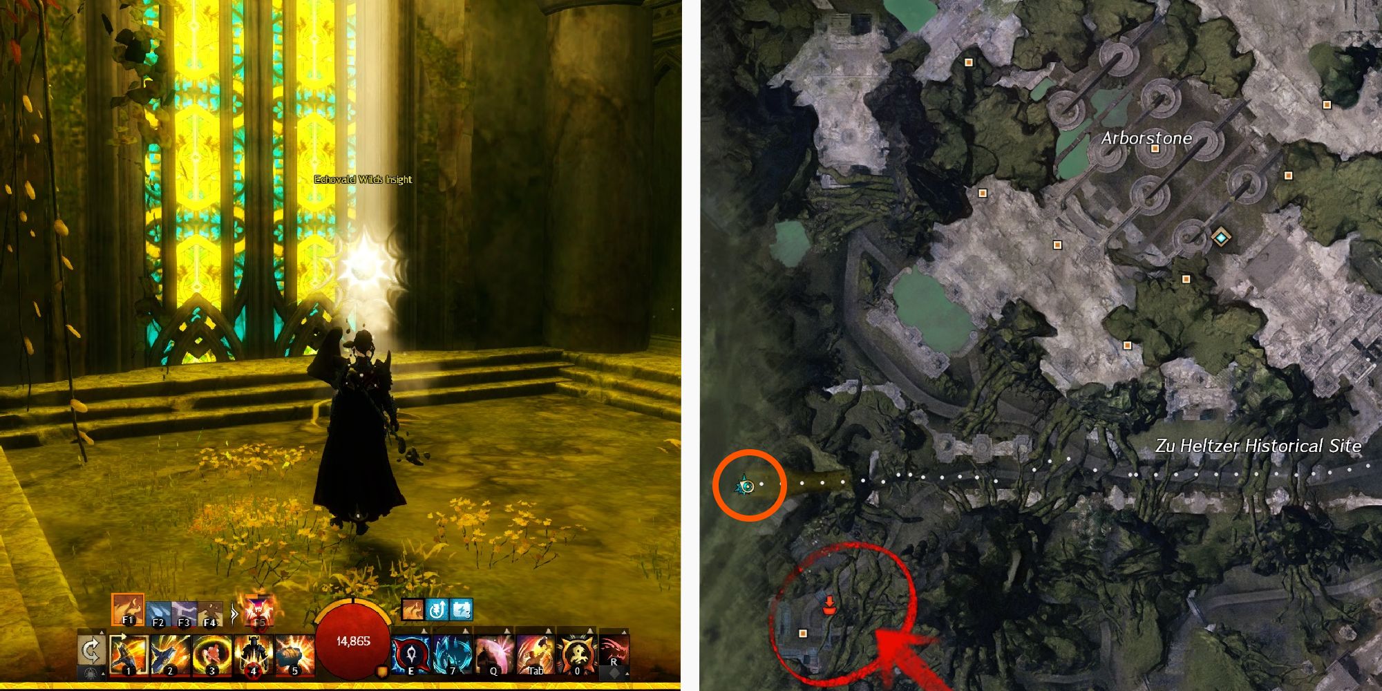 image of player standing at the Altrumm Mines Catacomb Insight next to image of location on map
