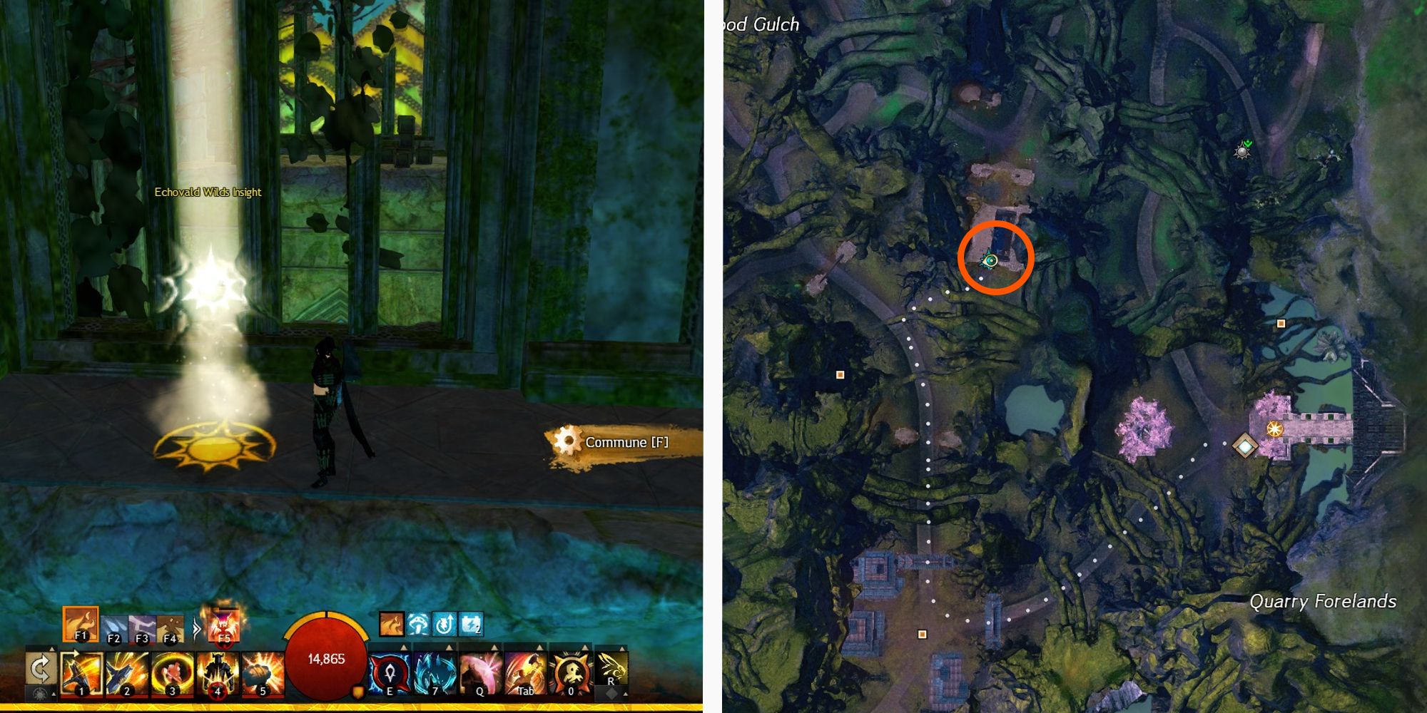 image of player standing at Aspenwood Passageway Insight next to image of location on map