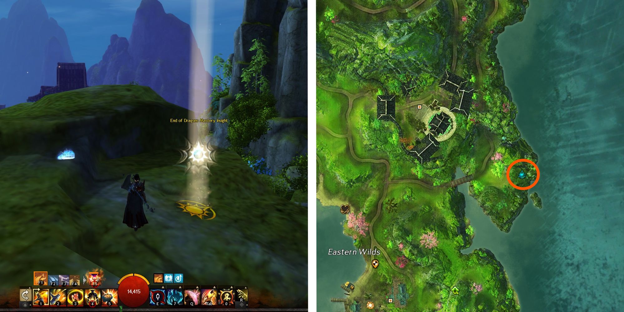 image of player standing at derlict temple mastery, next to image of location on map