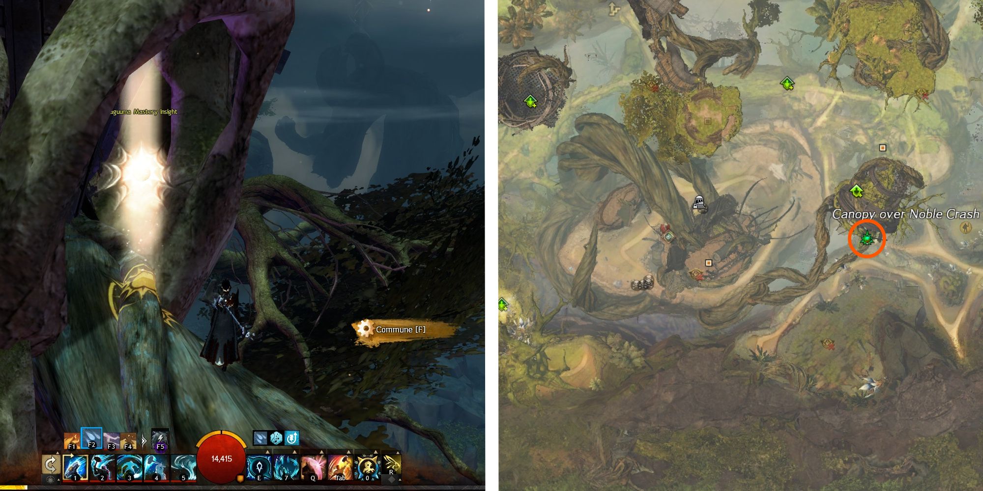 image of player at Outside Noble Ledges mastery, next to image of location on map