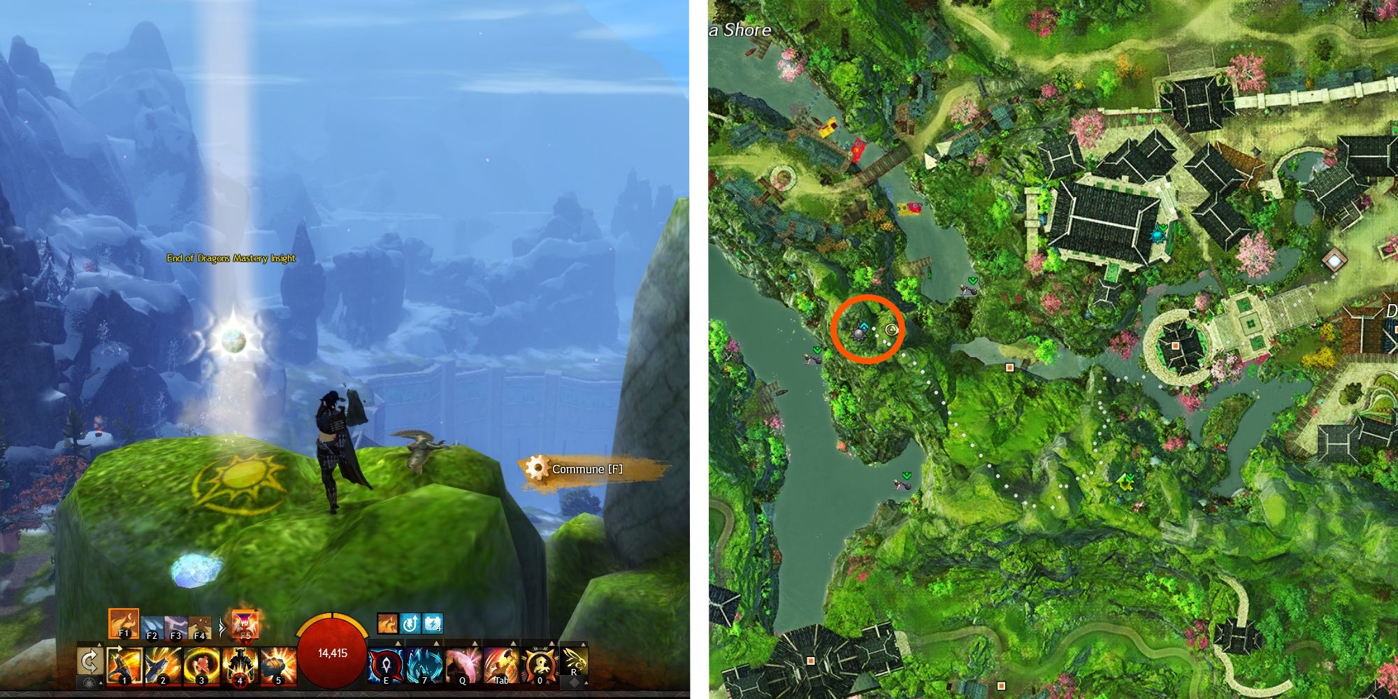 image of player at the Shore Peaks mastery, next to image of location on map
