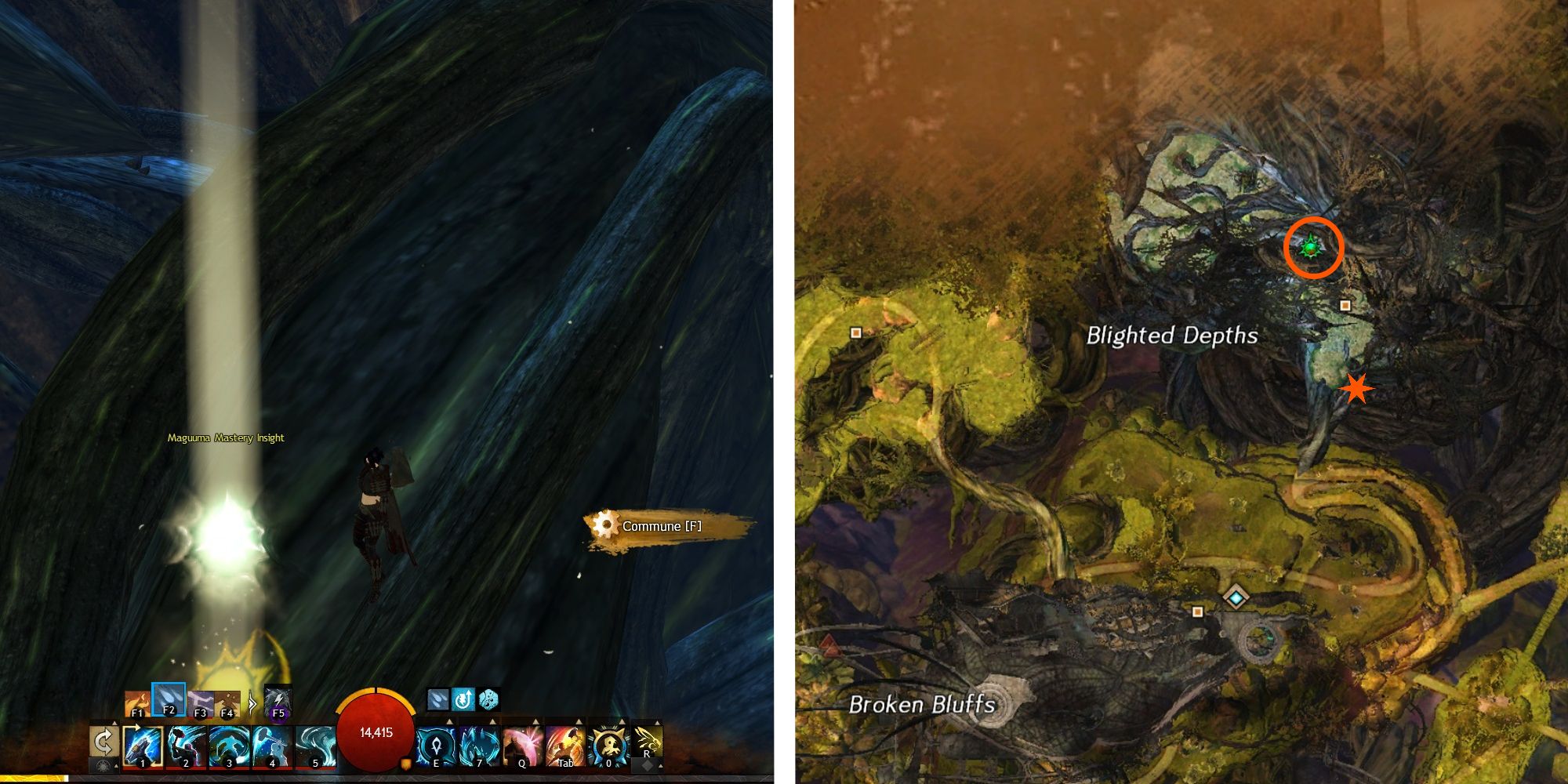 image of player at The Corpse Grove mastery next to image of location marked on map