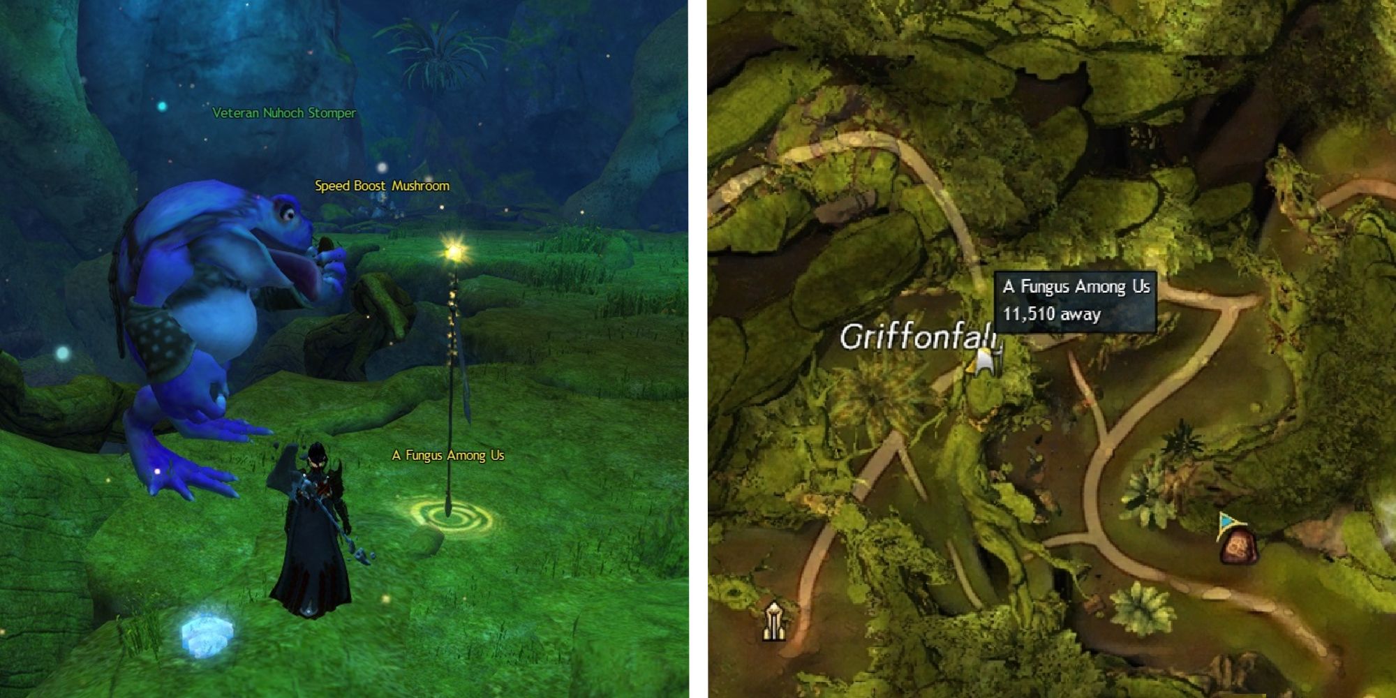 image of player standing next to a fungus among us location, next to the adventures map location highlighted
