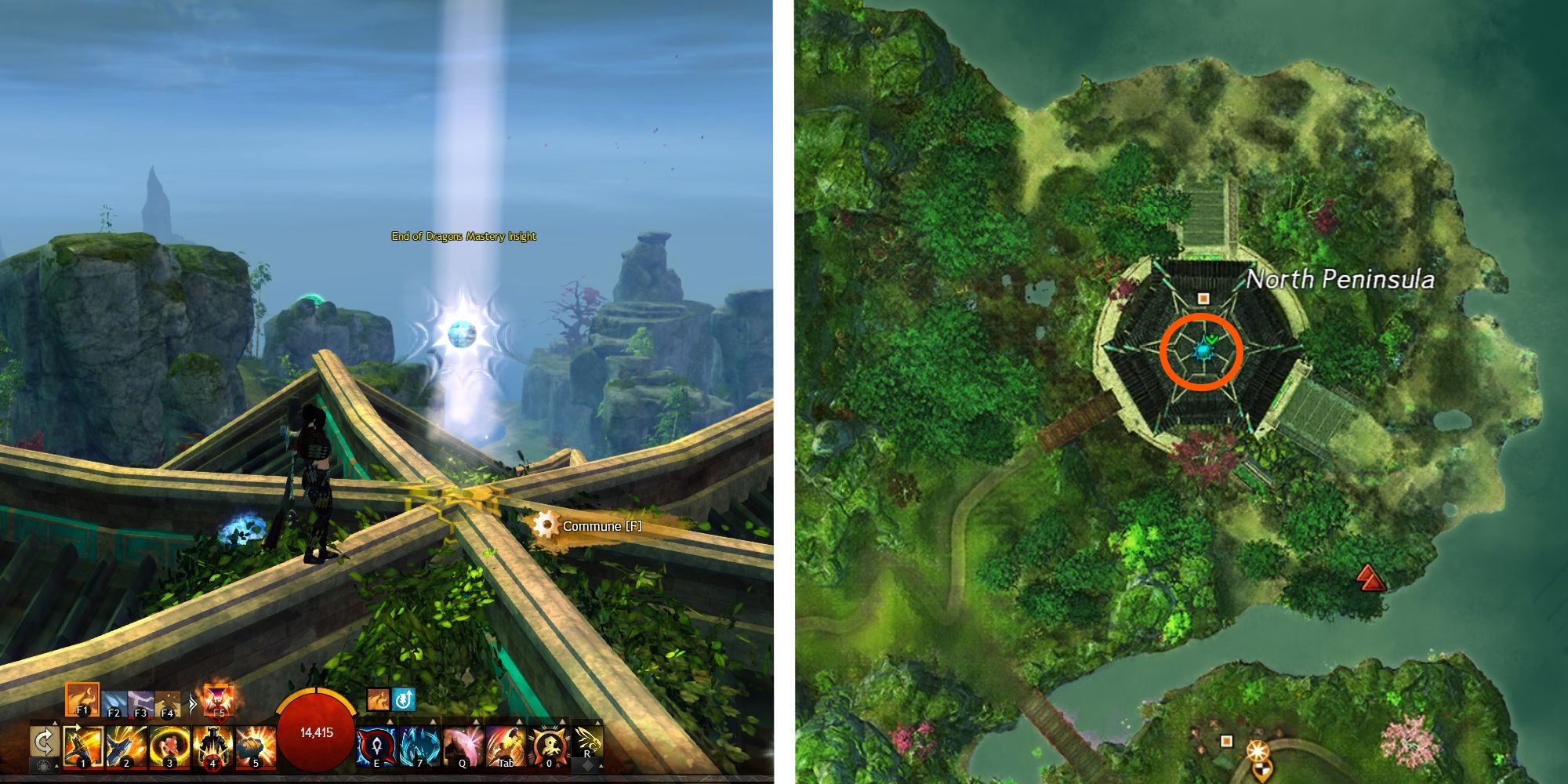 image of player at the abandoned temple rooftop next to image of map location