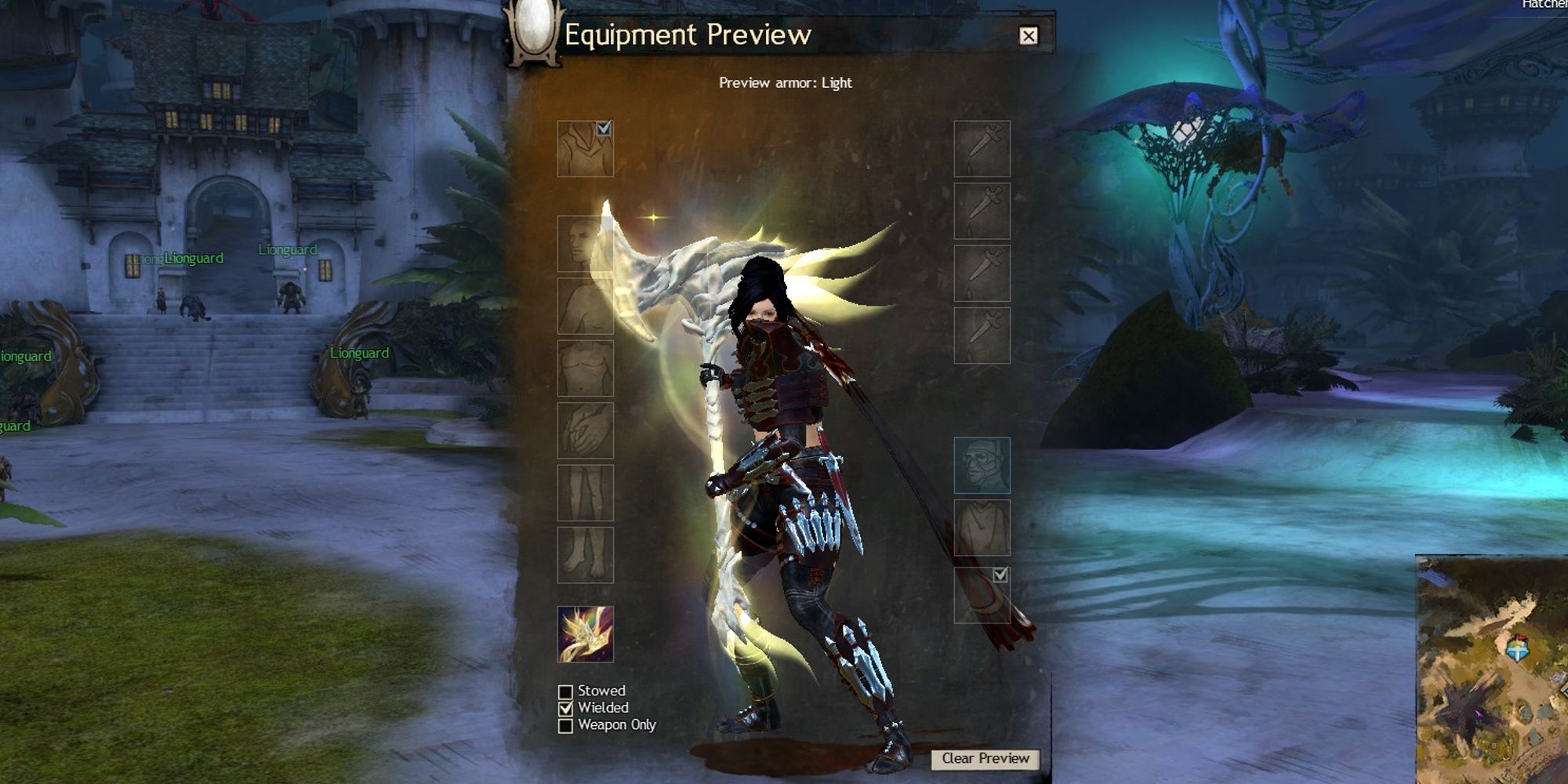 player holding legendary hammer 'aurenes weight' in equipment preview screen