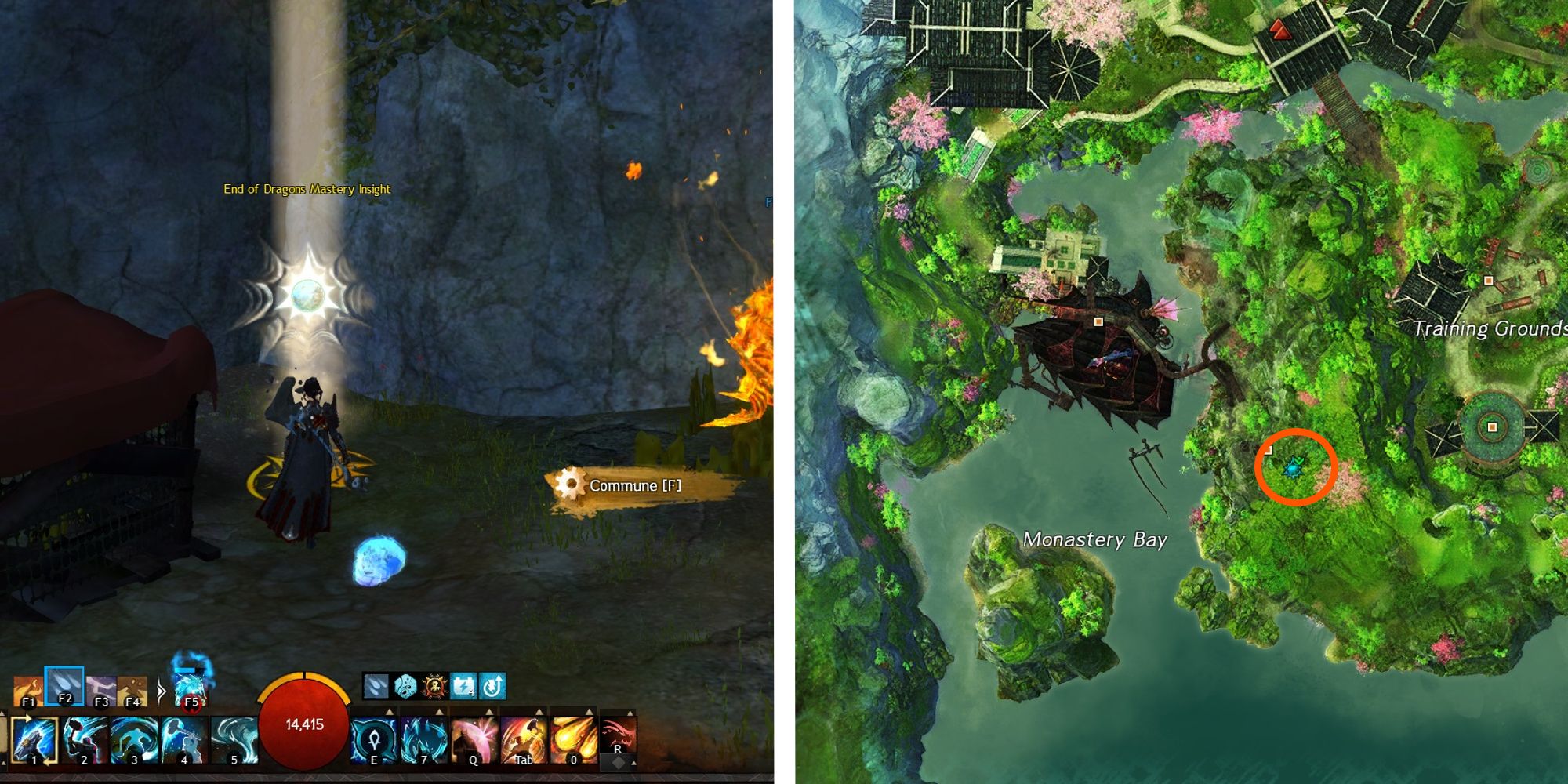 image of player standing at dreary caves mastery next to image of location on map
