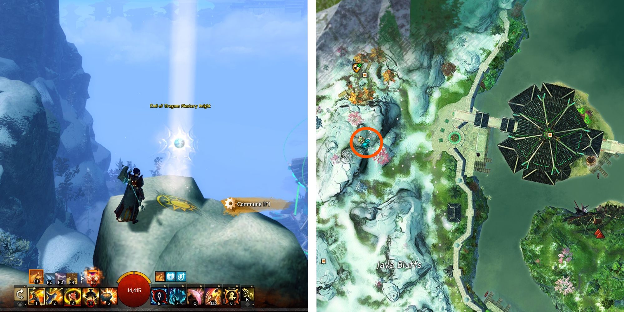image of player standing at camp peaks mastery insight, next to image of location on map