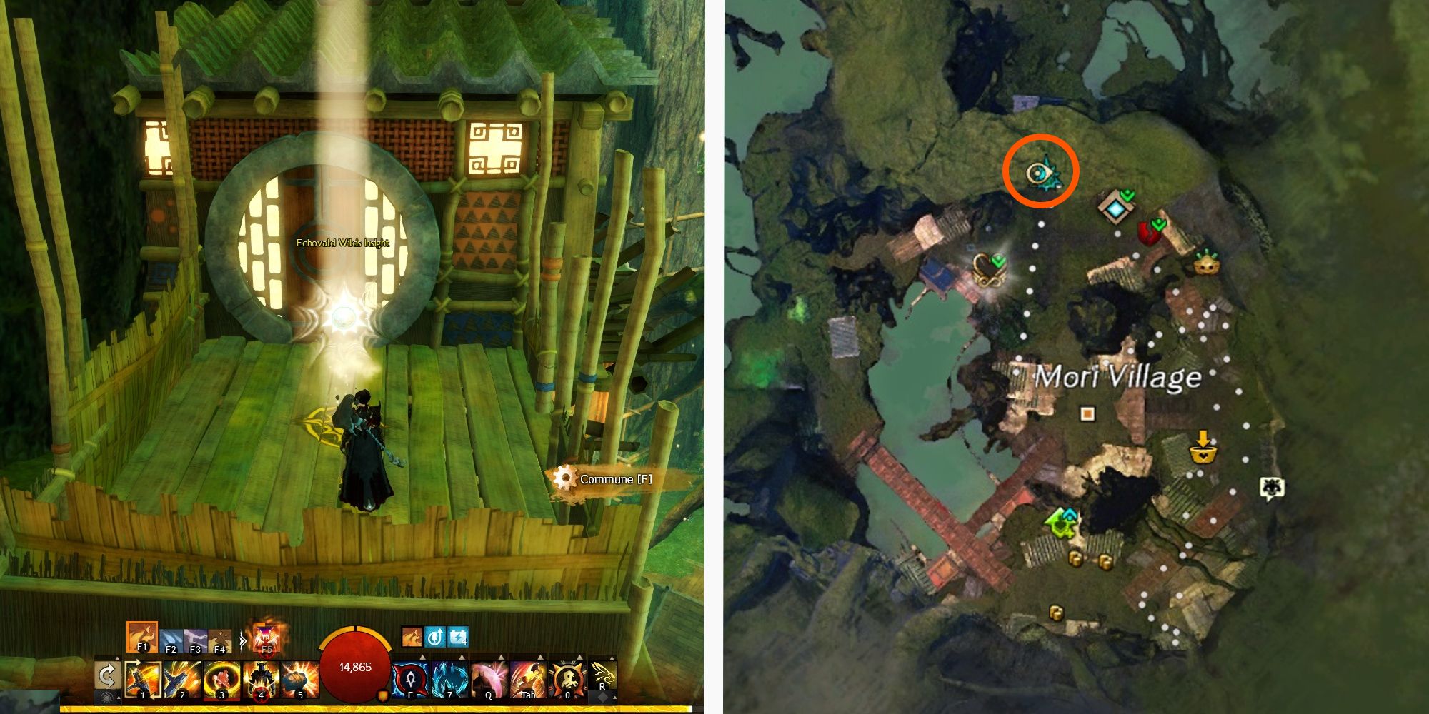 image of player at mori village insight next to image of location on map