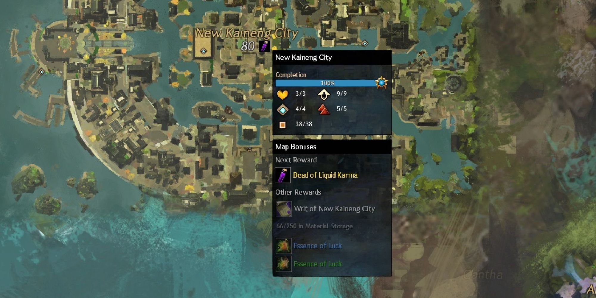new kaineng city with 100 percent map completion tab highlighted