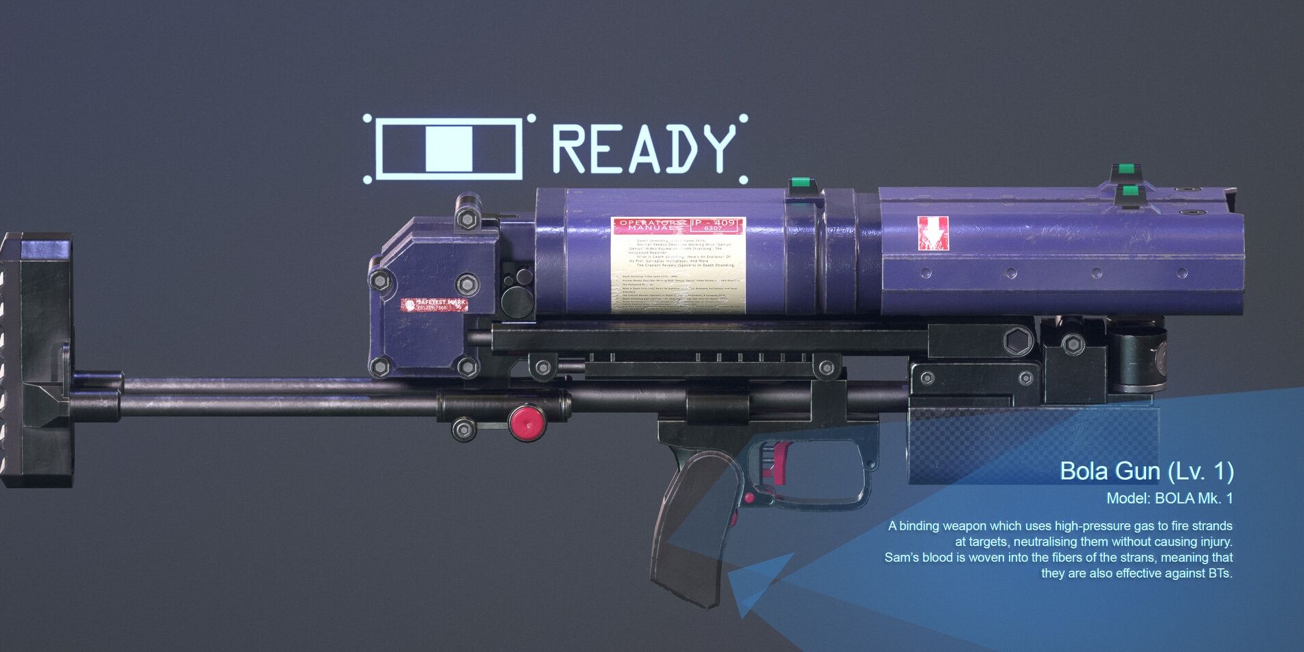 Close-up image of the Bola Gun in Death Stranding