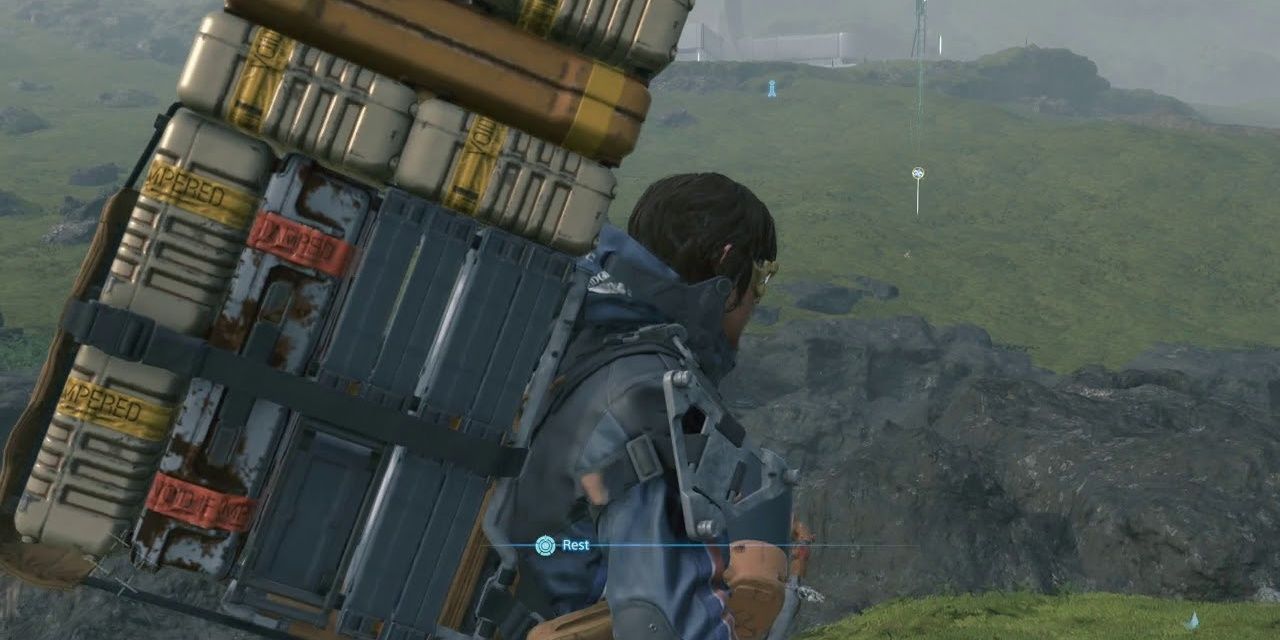 Cargo attached to Sam Porter Bridges becomes damaged in Timefall in Death Stranding