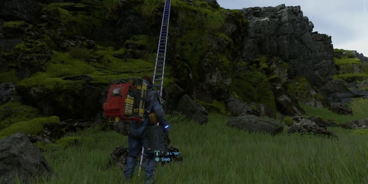 Sam Porter Bridges prepares to ascend a ladder in Death Stranding