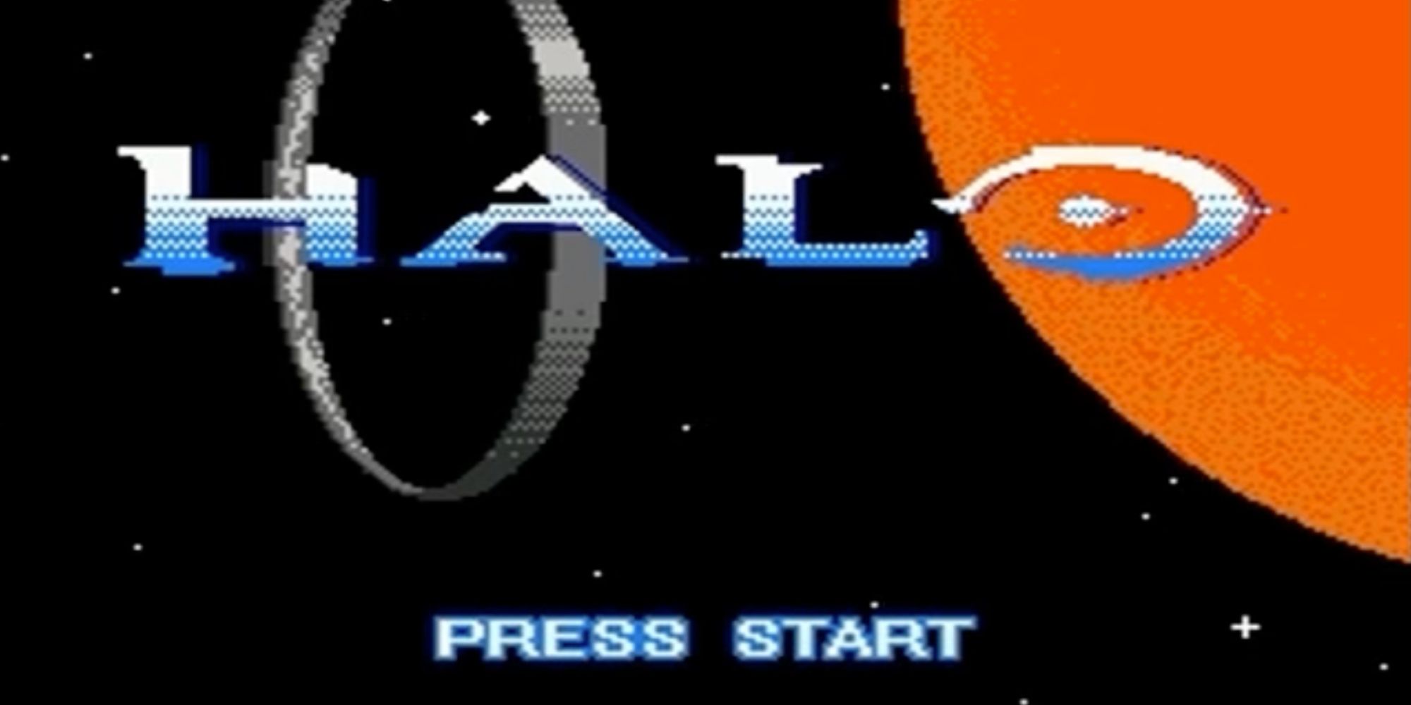 A screenshot of Pixel Force: Halo, showing the title screen with the titular Halo next to a red sun