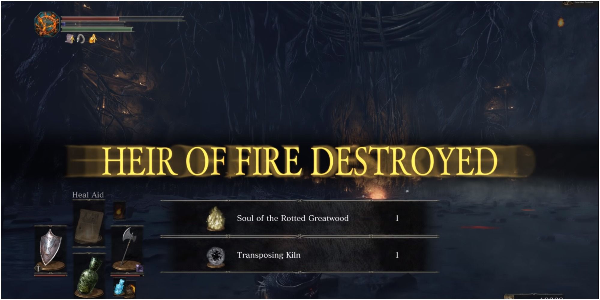 Getting the rewards after killing Curse-Rotted Greatwood.