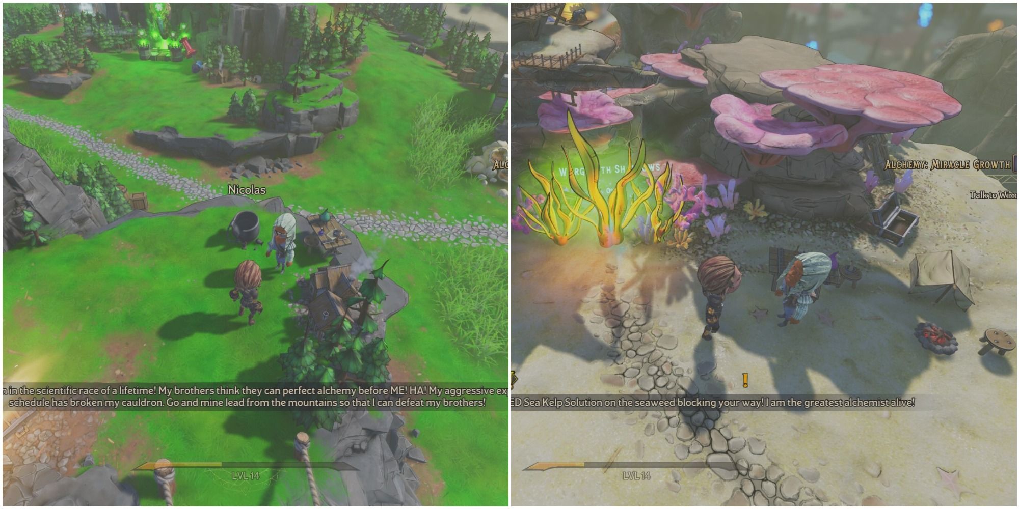 A split image of player talking to alchemist Nicolas and alchemist Wimarc in the Overworld
