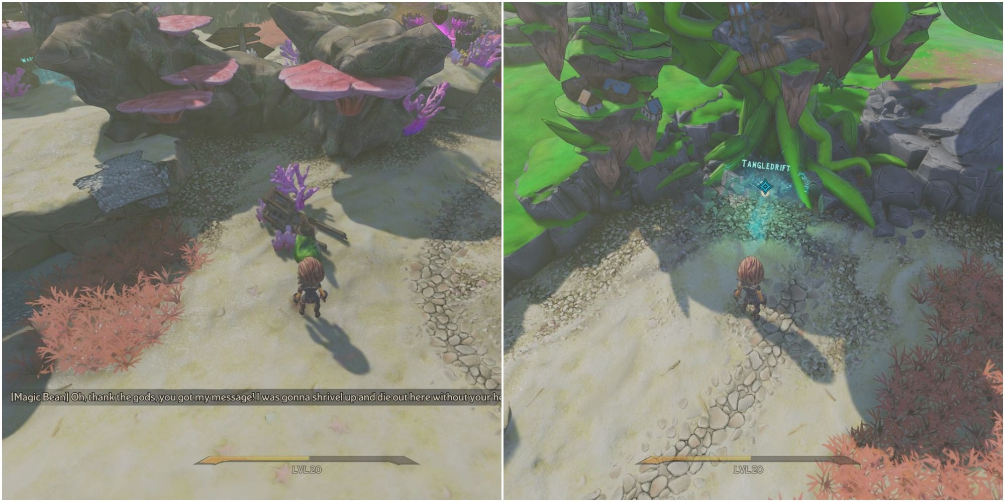 A split image of a player talking to an evil magic bean and a player standing before Tangledrift entrance