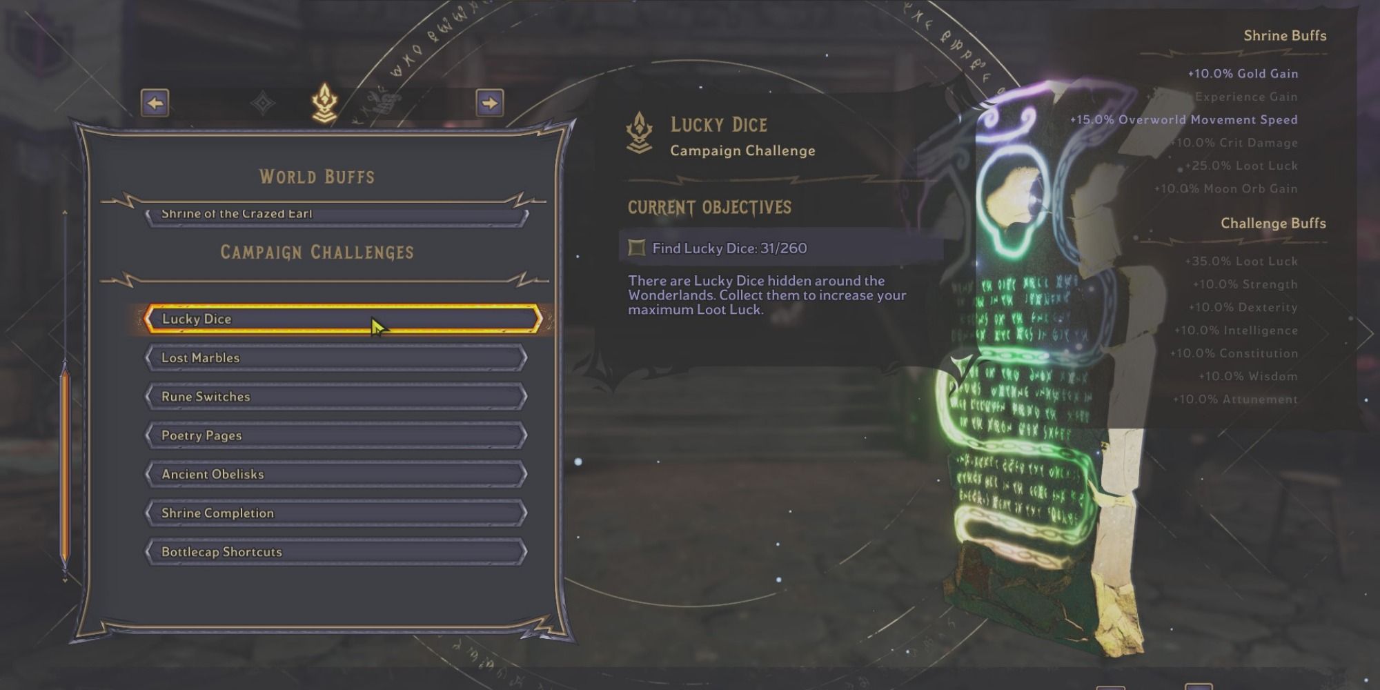 The Collectibles menu shows how many Lucky Dice the player has collected so far