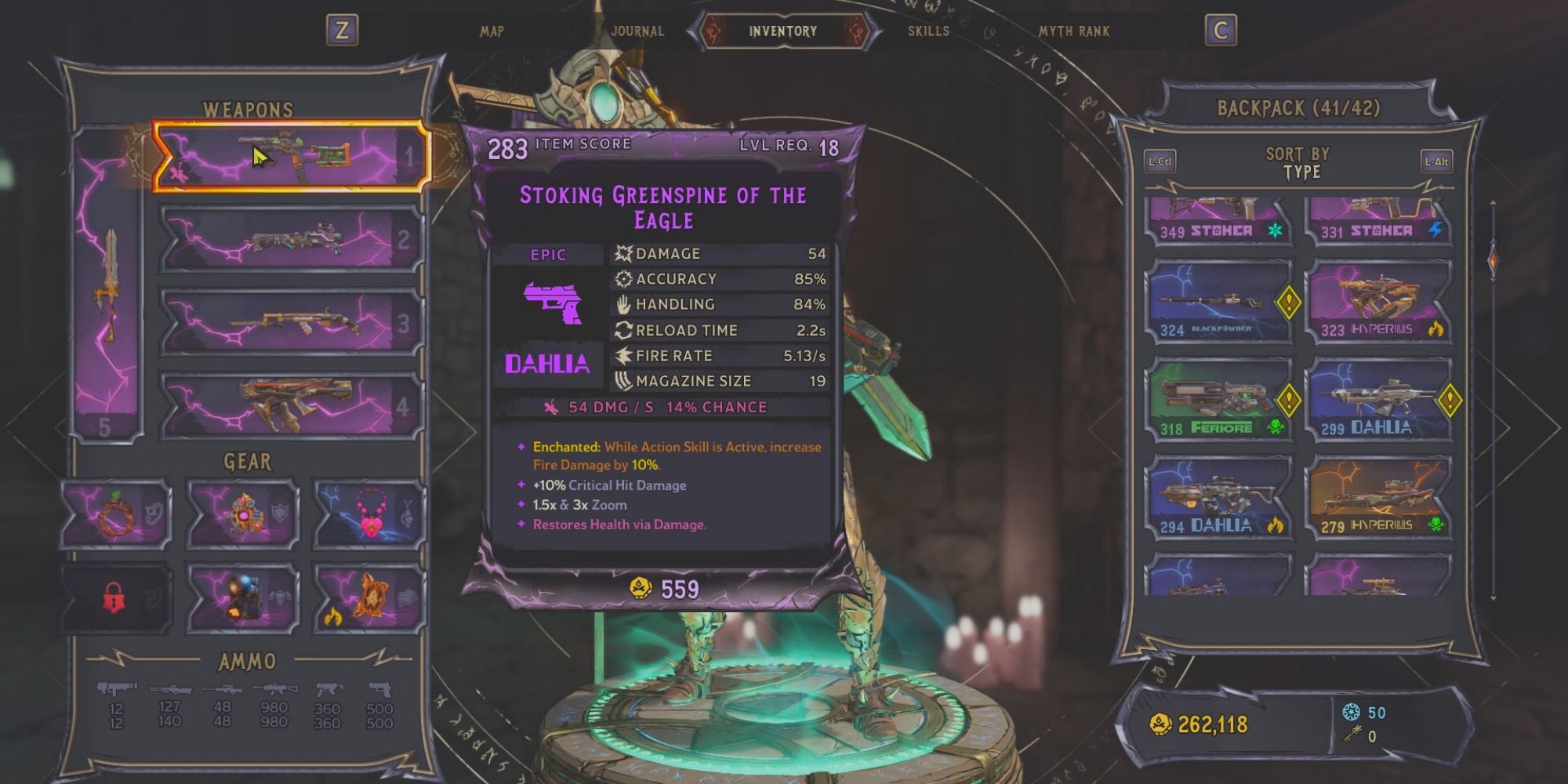 A player's inventory menu shows an enchanted pistol weapon