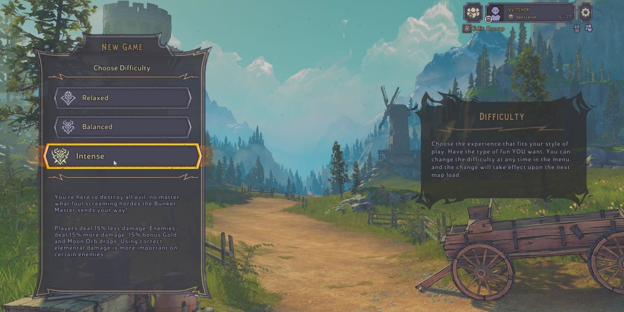 The new game menu is open the select difficulty options, with options for relaxed, balanced, or intense