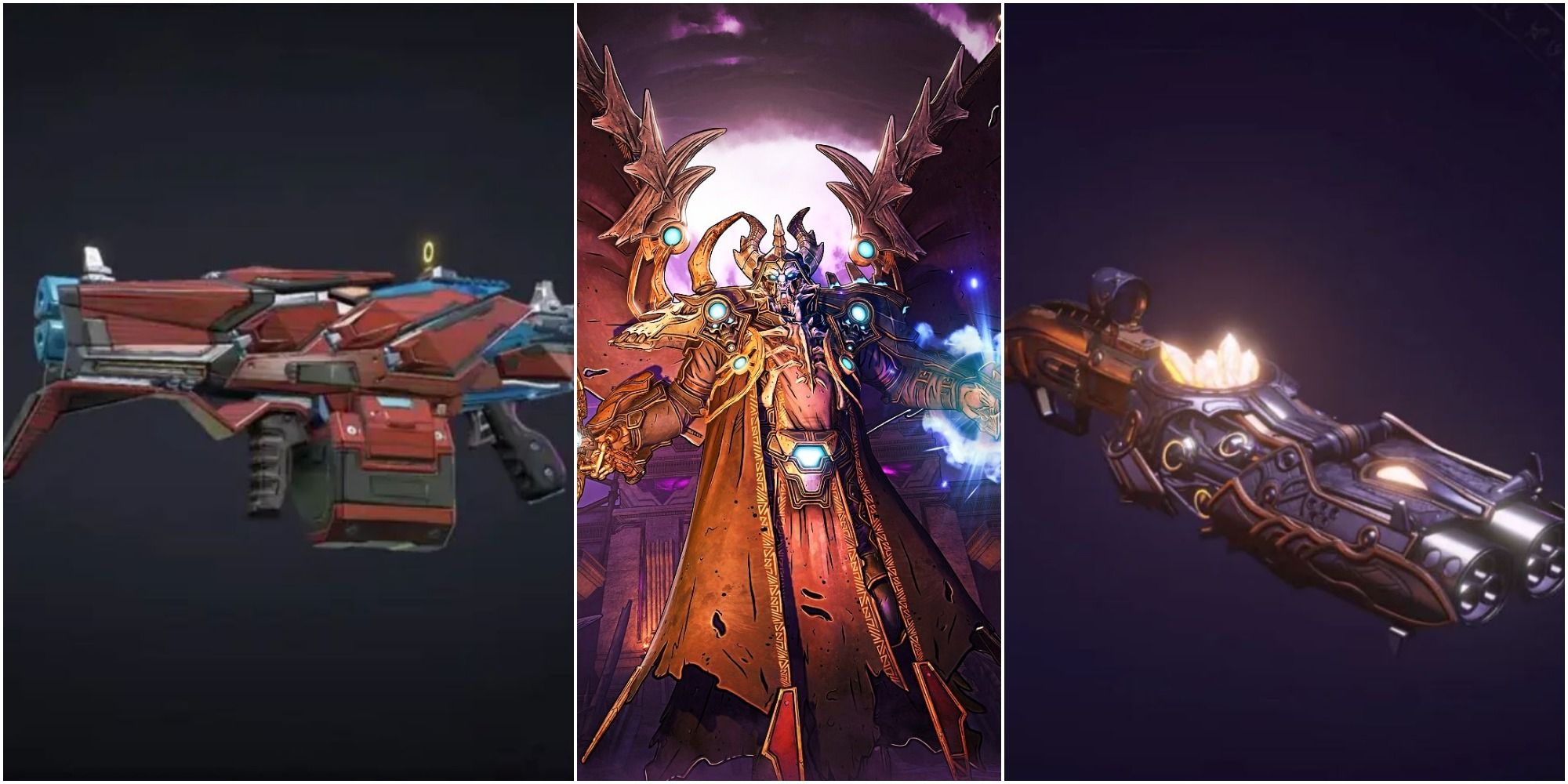 A split image from left to right: Red Hellion shotgun, Dragon Lord wielding magic sword, Crossblade shotgun