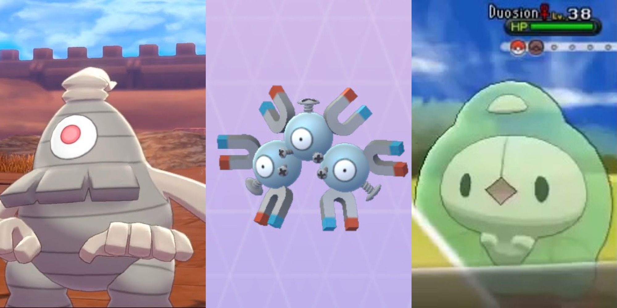 Dusclops in a desert, Magneton in a void, and Duosion in battle