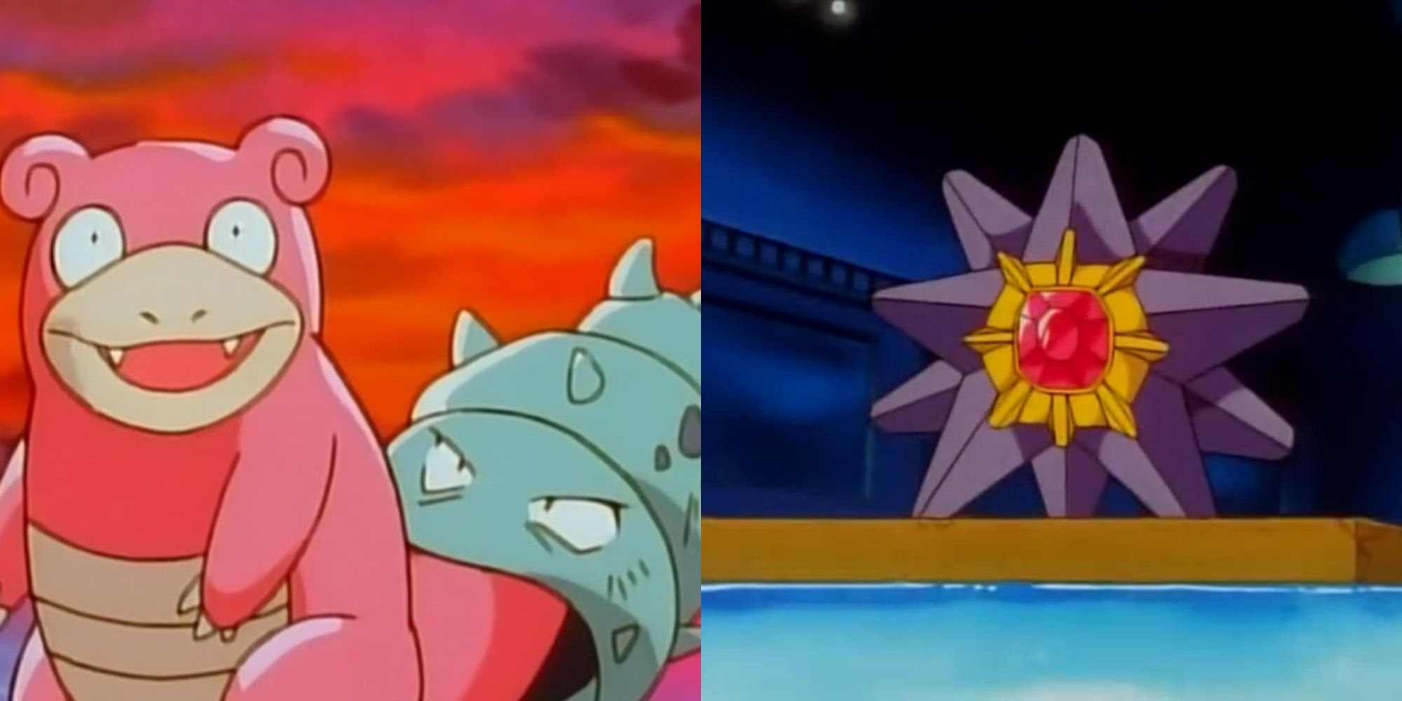 Slowbro in front of a sunset, Starmie in a gym battle