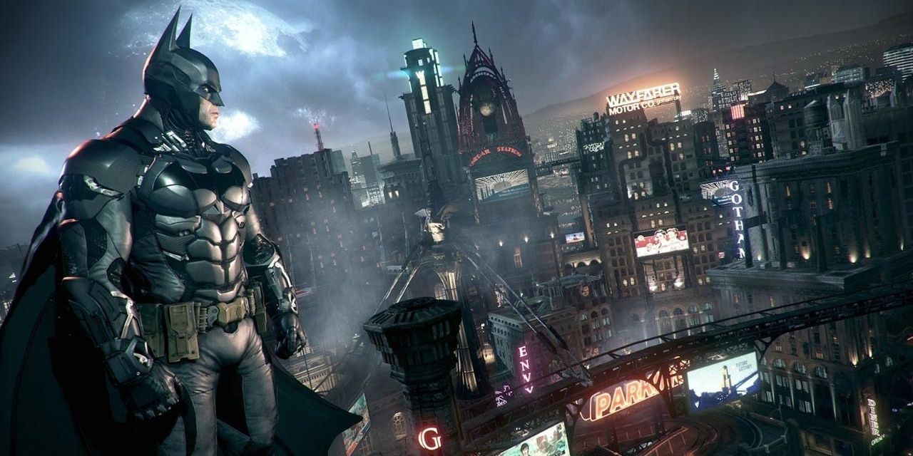 Batman looks over Gotham in Arkham Knight