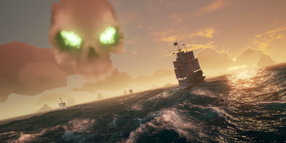 A skull cloud formation in Sea of Thieves
