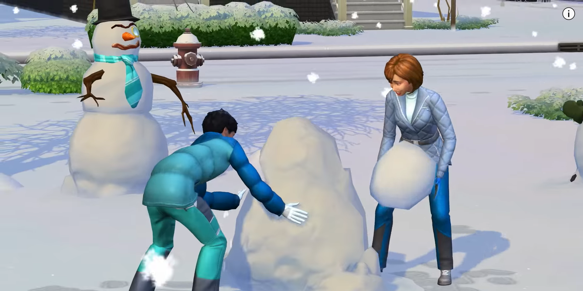 Two Sims build a Snowfolk on a sunny winter day