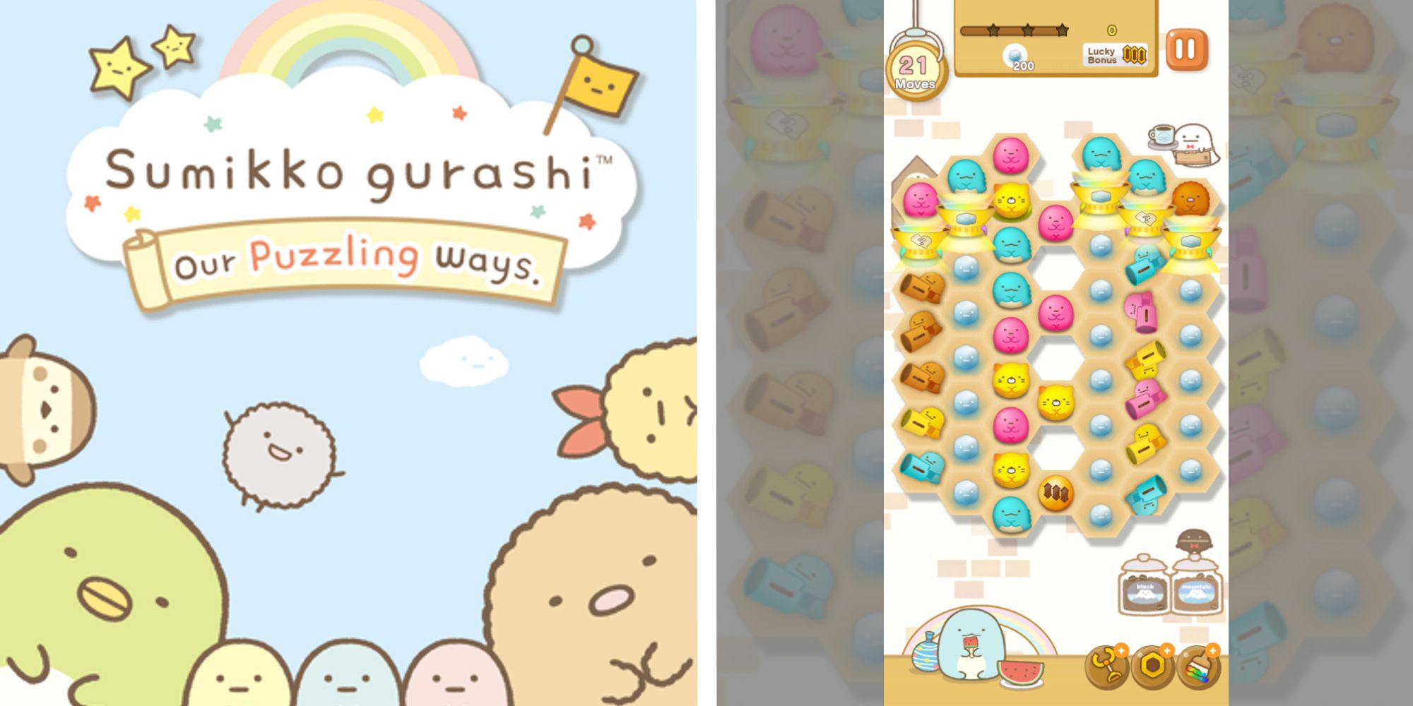 title screen for sumikko gurashi next to image of gameplay