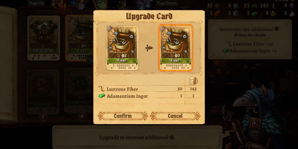 steamworld quest hand of gilgamech traveling merchant card upgrade screen