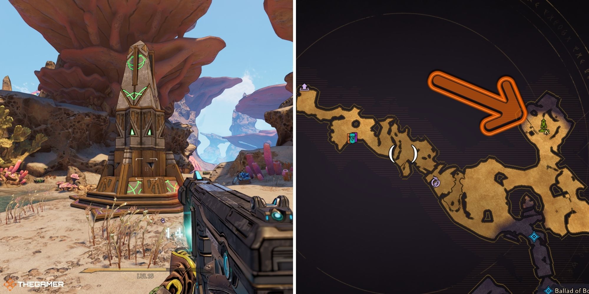 tiny tina's wonderlands - Wargtooth Shallow - ancient obelisk on left, map on right
