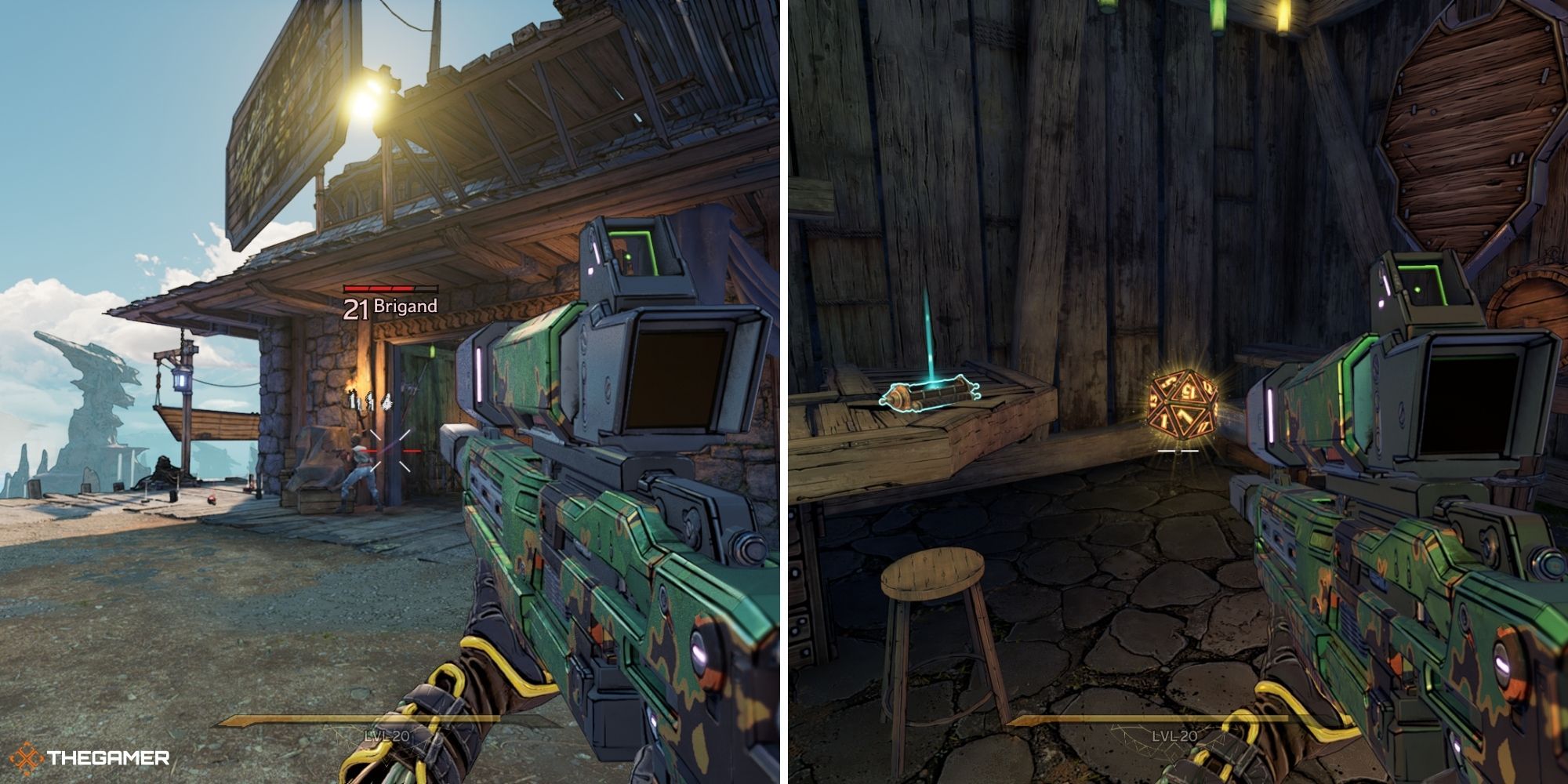 tiny tina's wonderlands - lore scroll on right, brigand on left