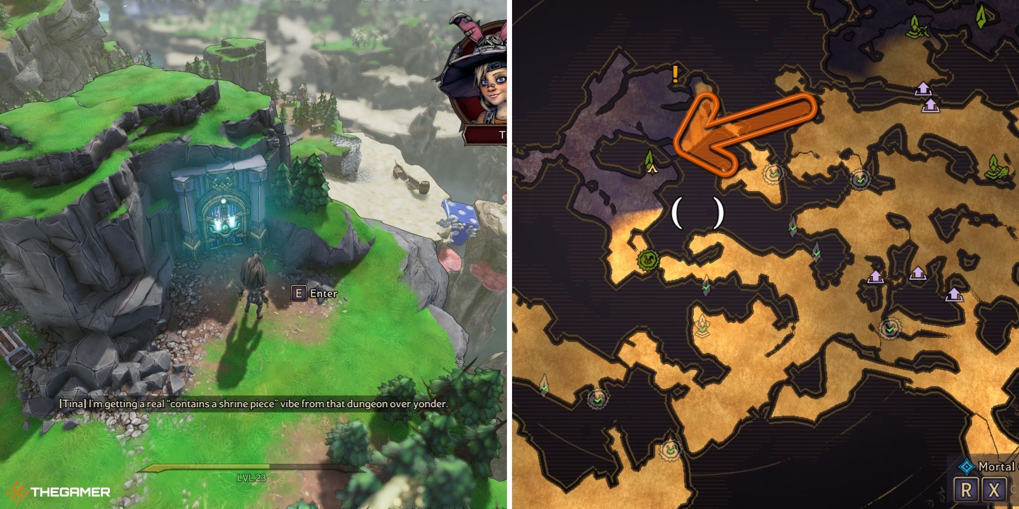 tiny tina's wonderlands - overworld dungeon door on left, map on right