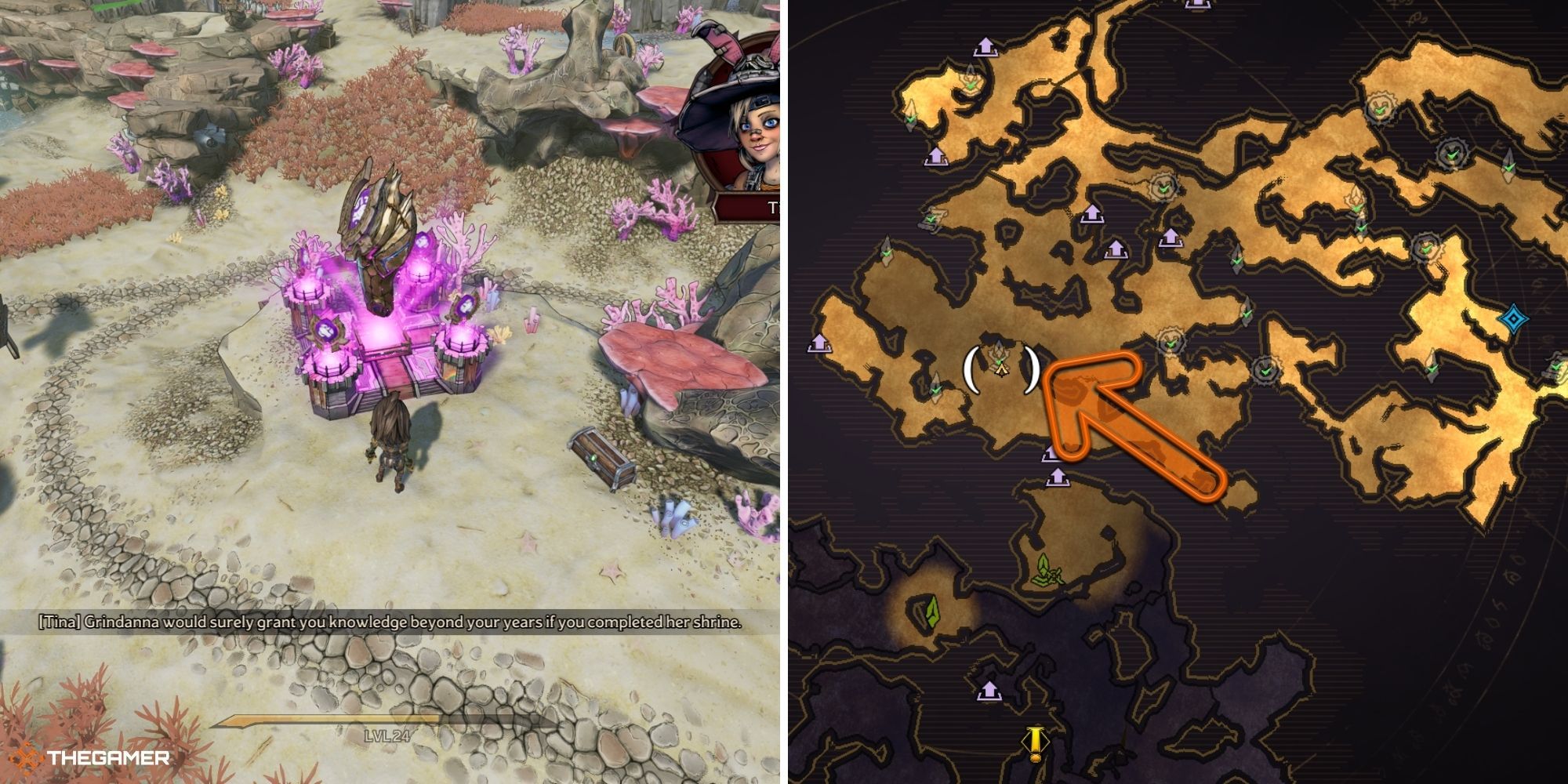 tiny tina's wonderlands - shrine of grindanna on left, map on right