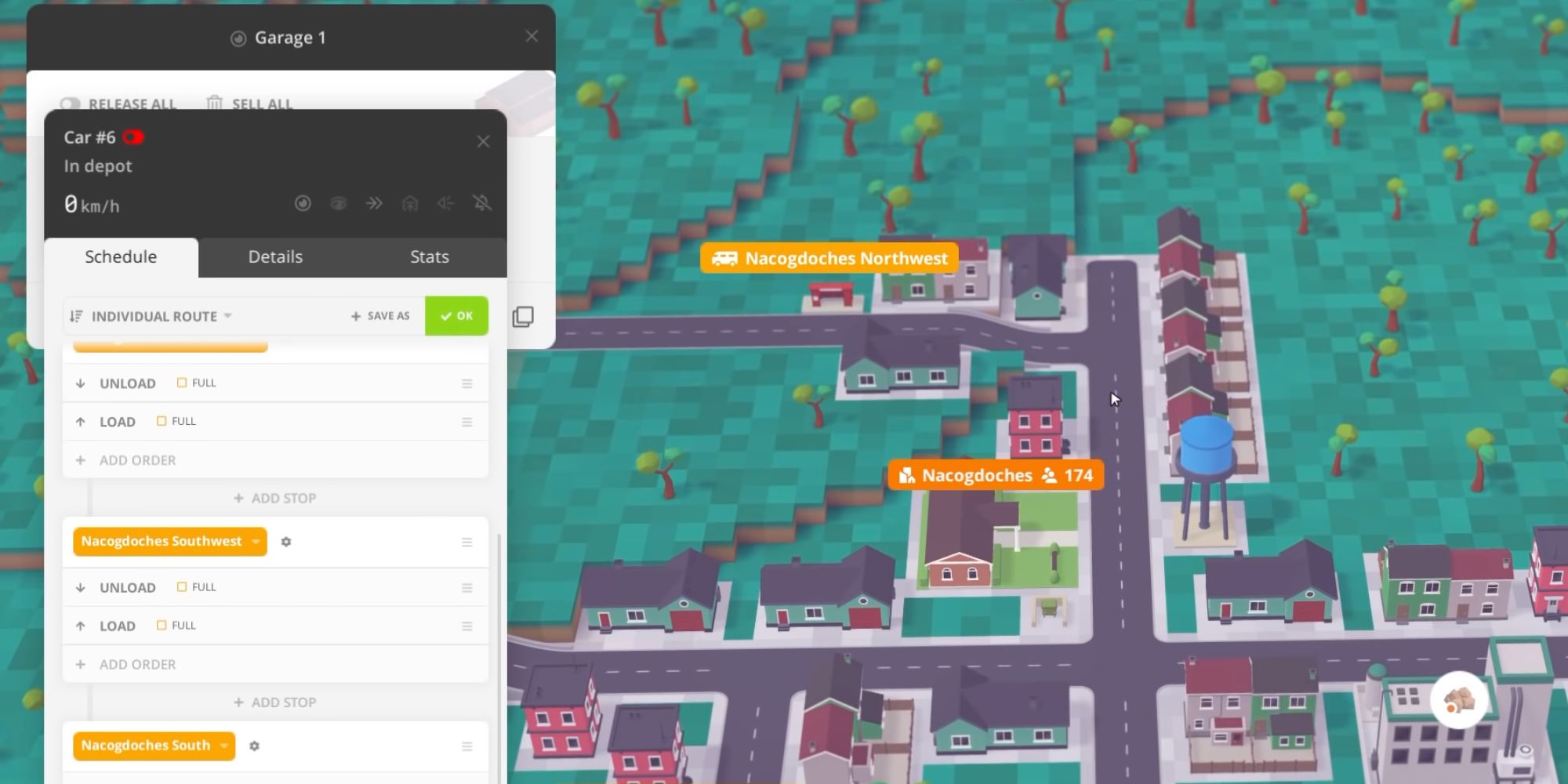 A screenshot from Voxel Tycoon, showing a car that's arrived at a shipping depot